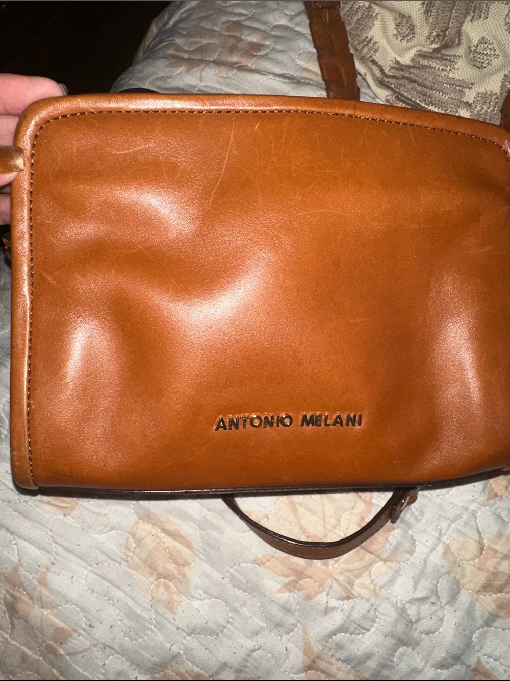 ANTONIO MELANI Cognac Brown Leather Crossbody with Gold Chain